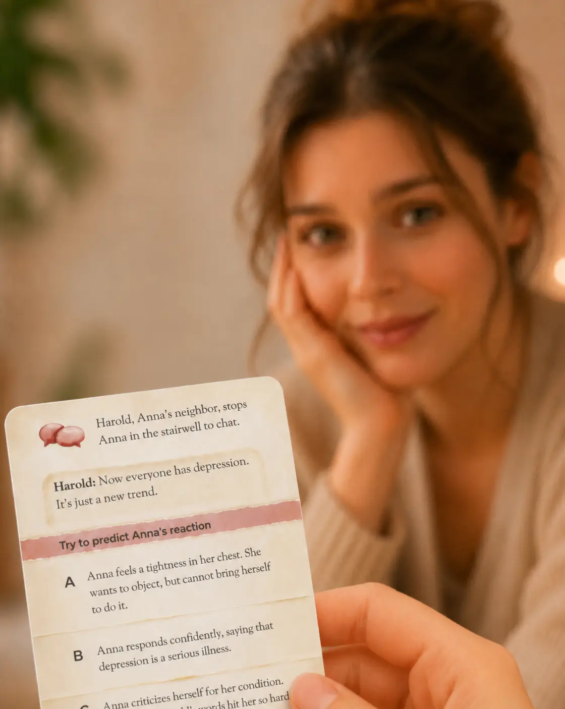 Game card from board game Look Inside - board game about mental health, with action interation