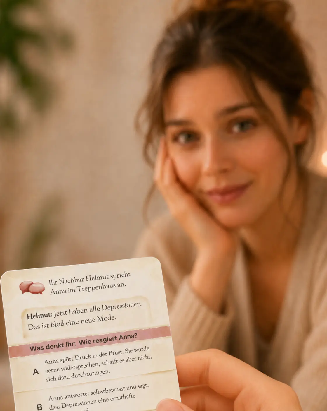 Spielkarte aus Look Inside mit einer Interaktionssituation der Hauptfigur - Aktion Begegnung